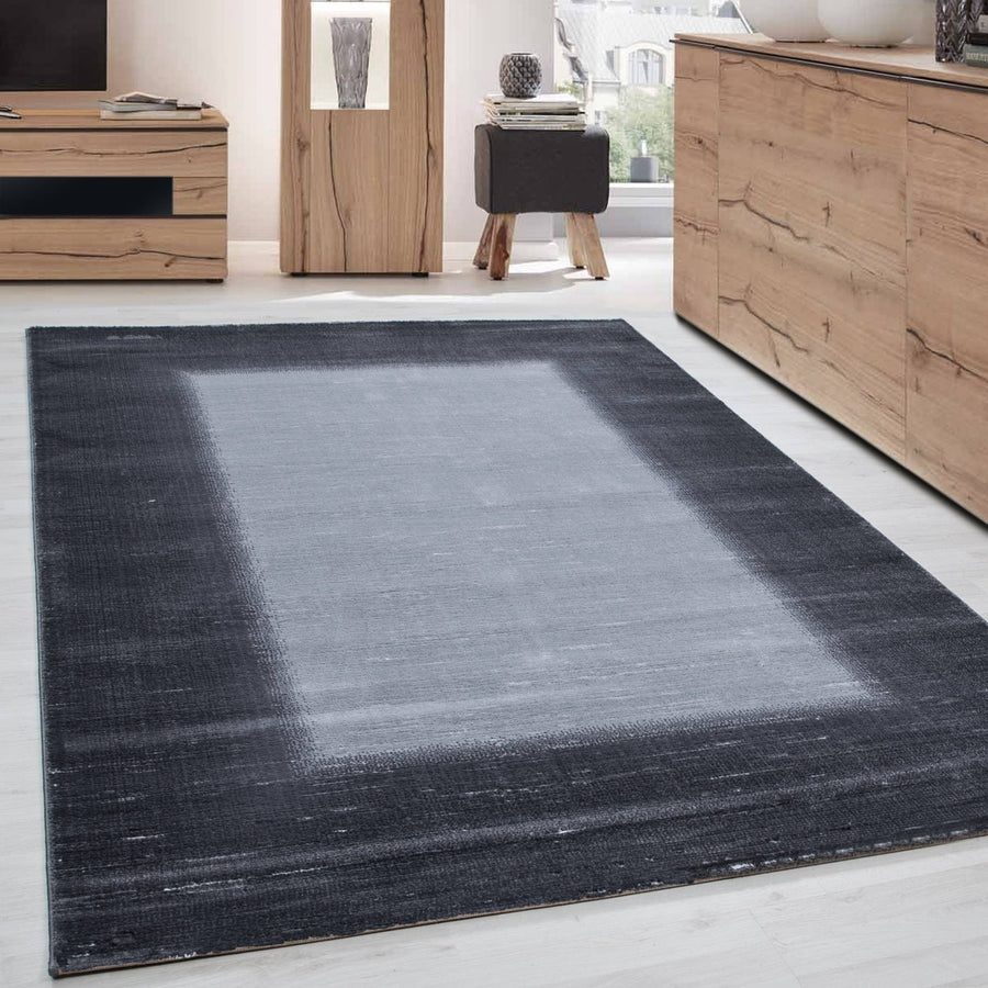 Modern designer rug for living room with border pattern, mottled grey and light grey