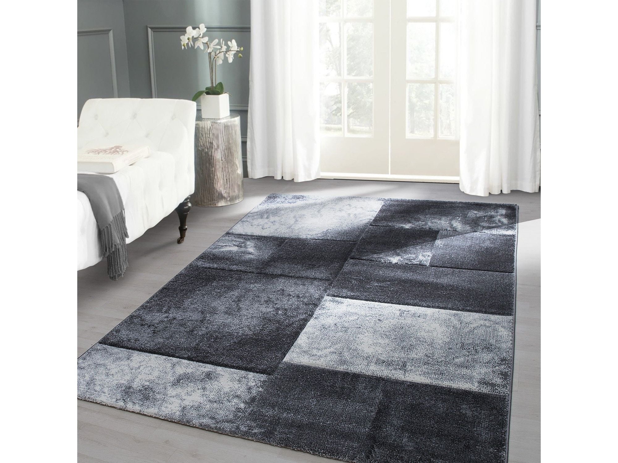 Designer Teppich Modern Kariert Muster Konturenschnitt Schwarz Grau Weiß