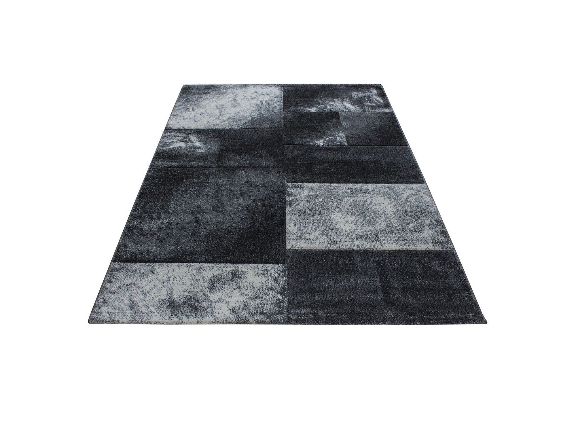 Designer Teppich Modern Kariert Muster Konturenschnitt Schwarz Grau Weiß