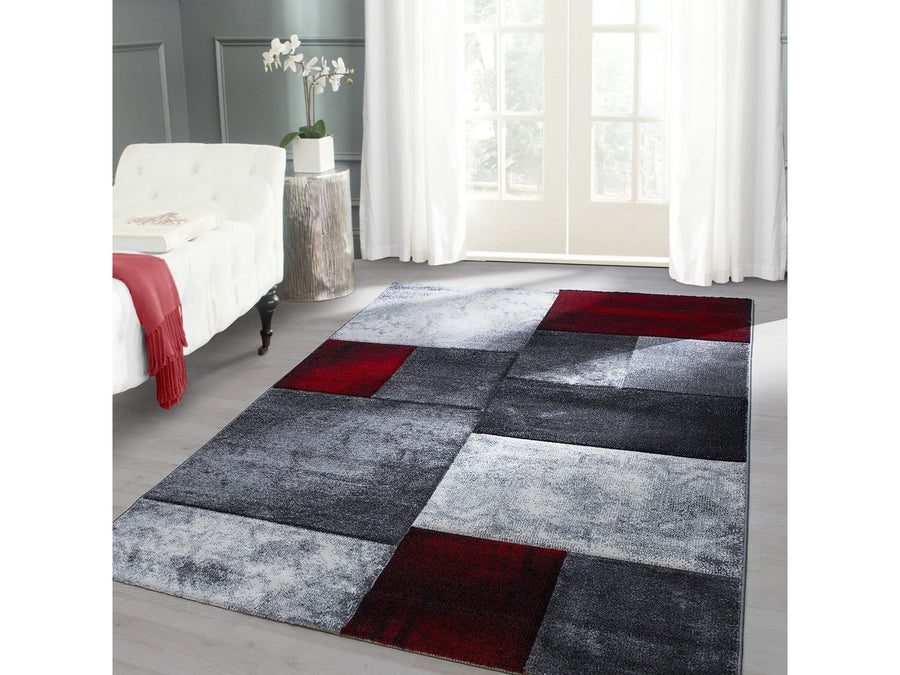 Designer Teppich Modern Kariert Muster Konturenschnitt Schwarz Grau Rot