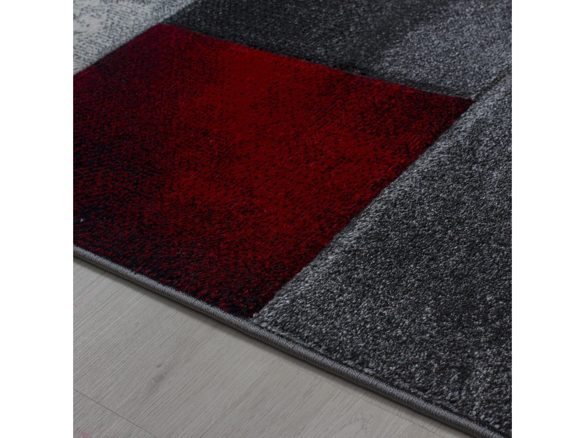 Designer Teppich Modern Kariert Muster Konturenschnitt Schwarz Grau Rot