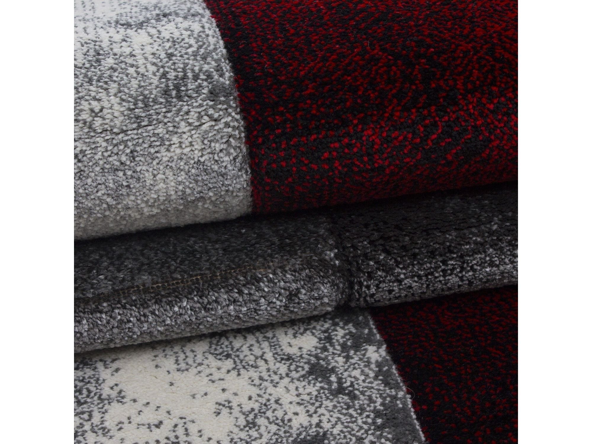 Designer Teppich Modern Kariert Muster Konturenschnitt Schwarz Grau Rot