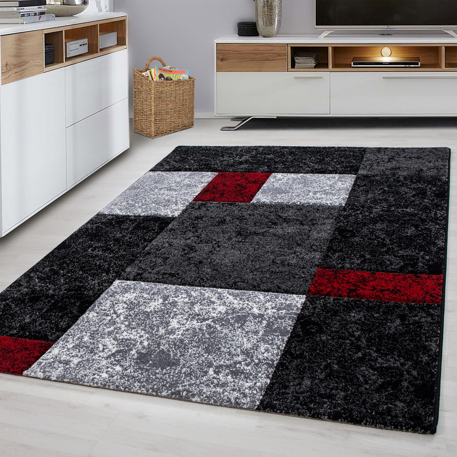 Hawaii Karierter Kurzflorteppich in Rot, Grau & Schwarz