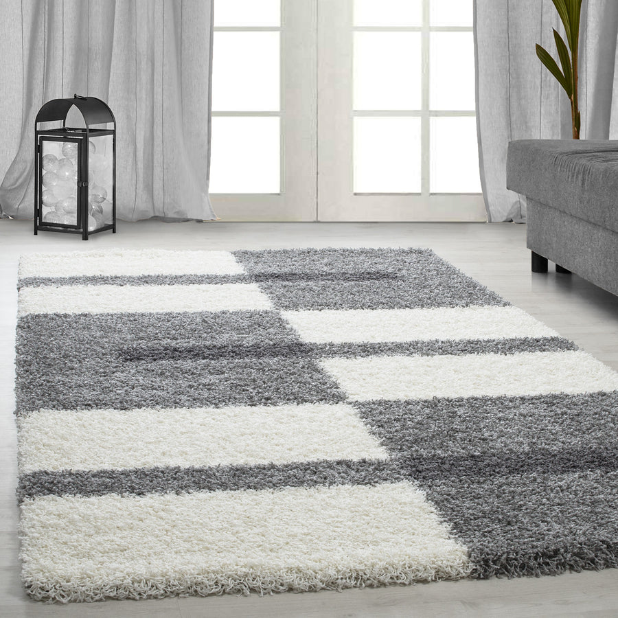 Hochflorteppiche, Kariert Design, Farbe Hellgrau, Teppich für Wohnzimmer, Rücken aus Jute