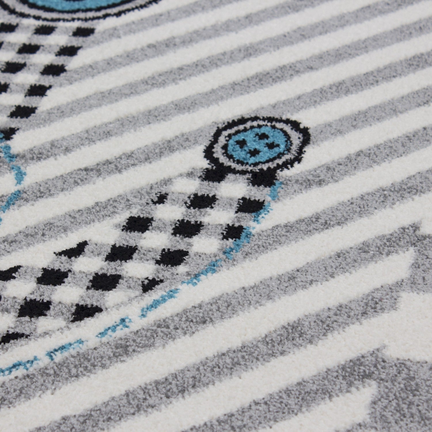 Kinderteppich Kinderzimmer Pirat Muster Kurzflor Pflegeleicht Grau Blau Weiss