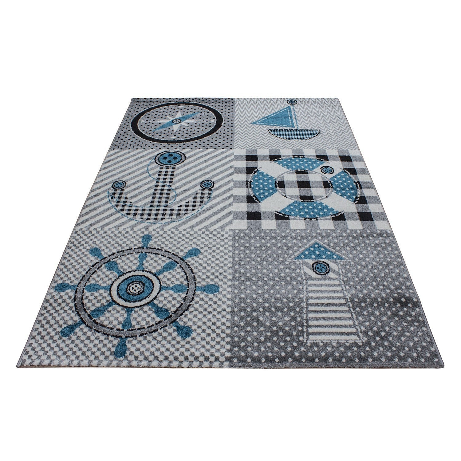 Kinderteppich Kinderzimmer Pirat Muster Kurzflor Pflegeleicht Grau Blau Weiss