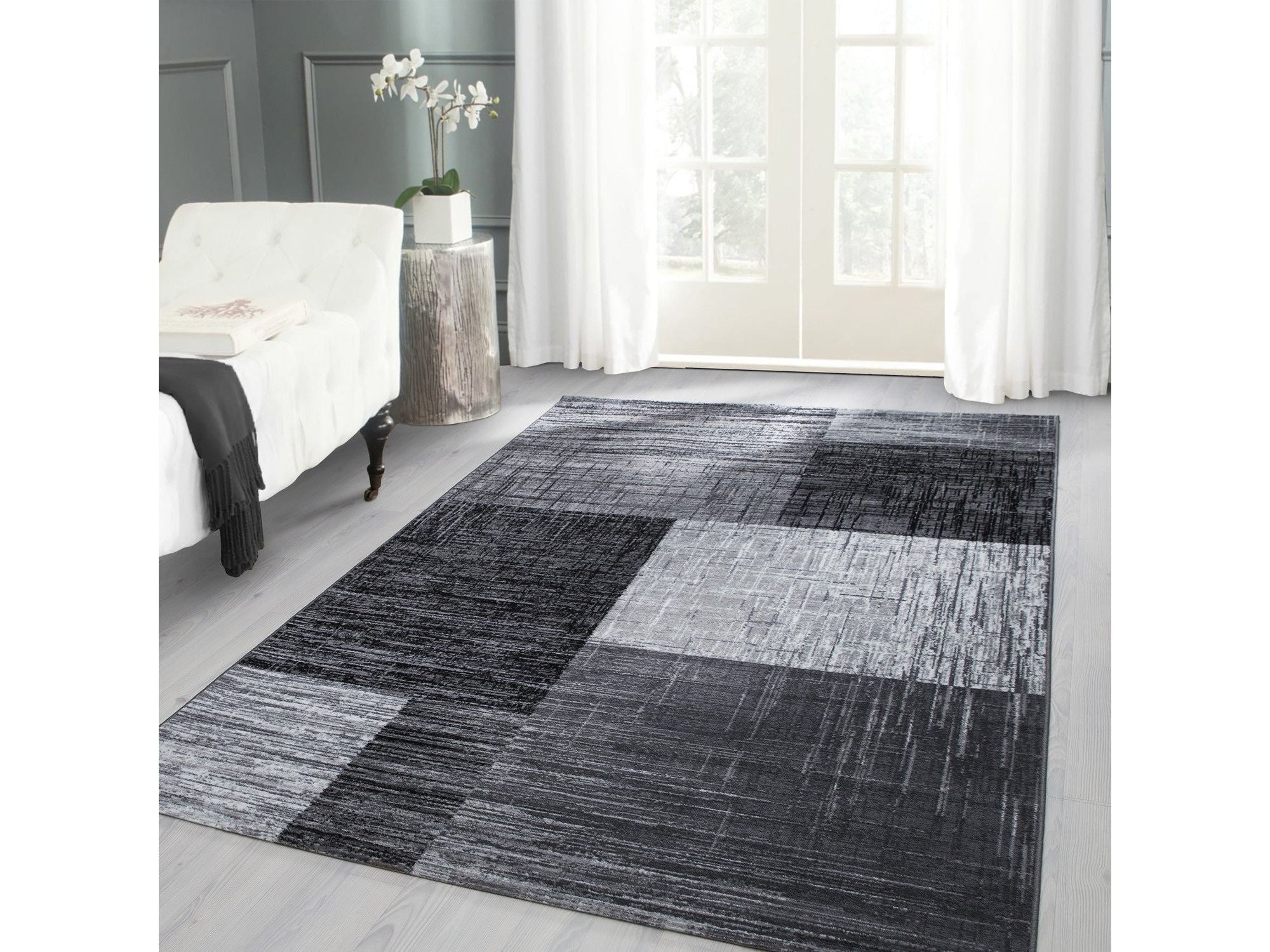 Designer Teppich Modern Kariert Muster Kurzflor Meliert Schwarz Grau Weiss