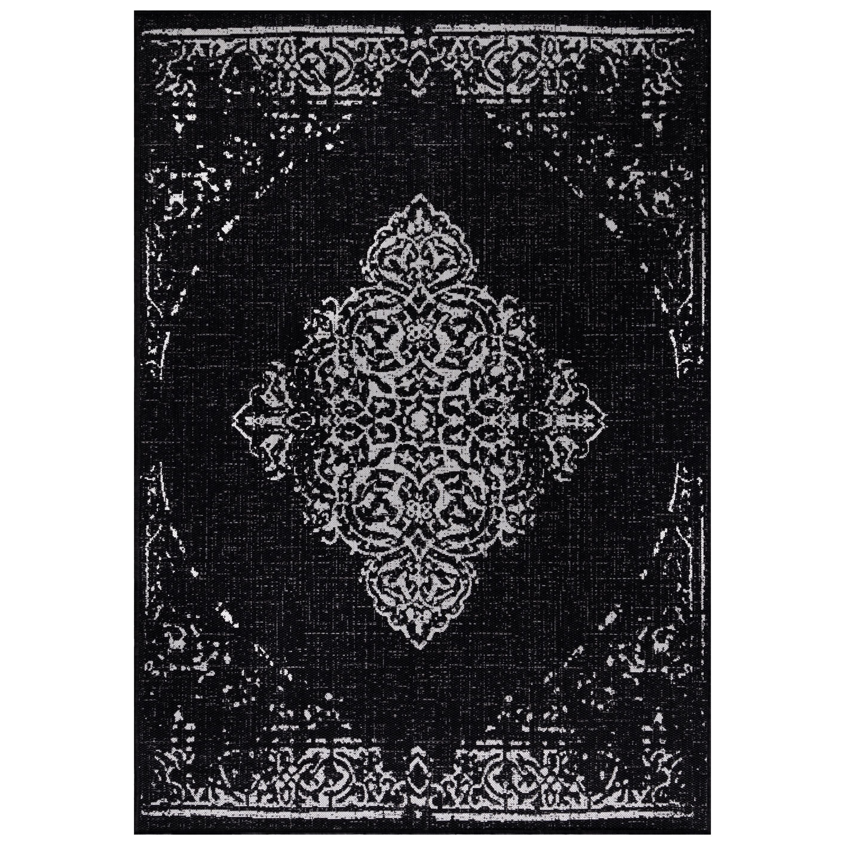 Outdoorteppiche, Vintage Design, Farbe Schwarz, Teppich für Terasse-Balkon-Küche, Rücken aus Polypropylen