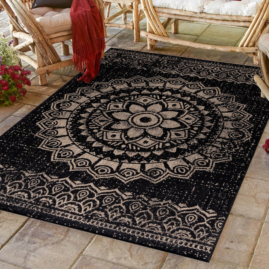 Outdoor rugs, vintage design, black, for patio, balcony, kitchen, polypropylene backing