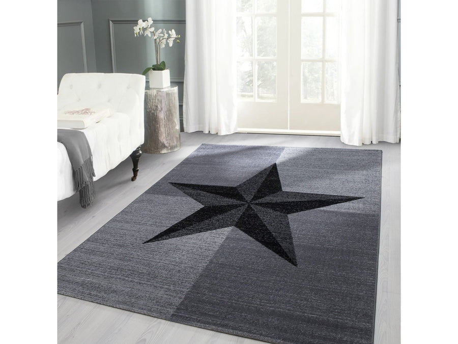 Designer Teppich Modern Stern Muster Kurzflor Meliert Schwarz Grau Turkis Weiss