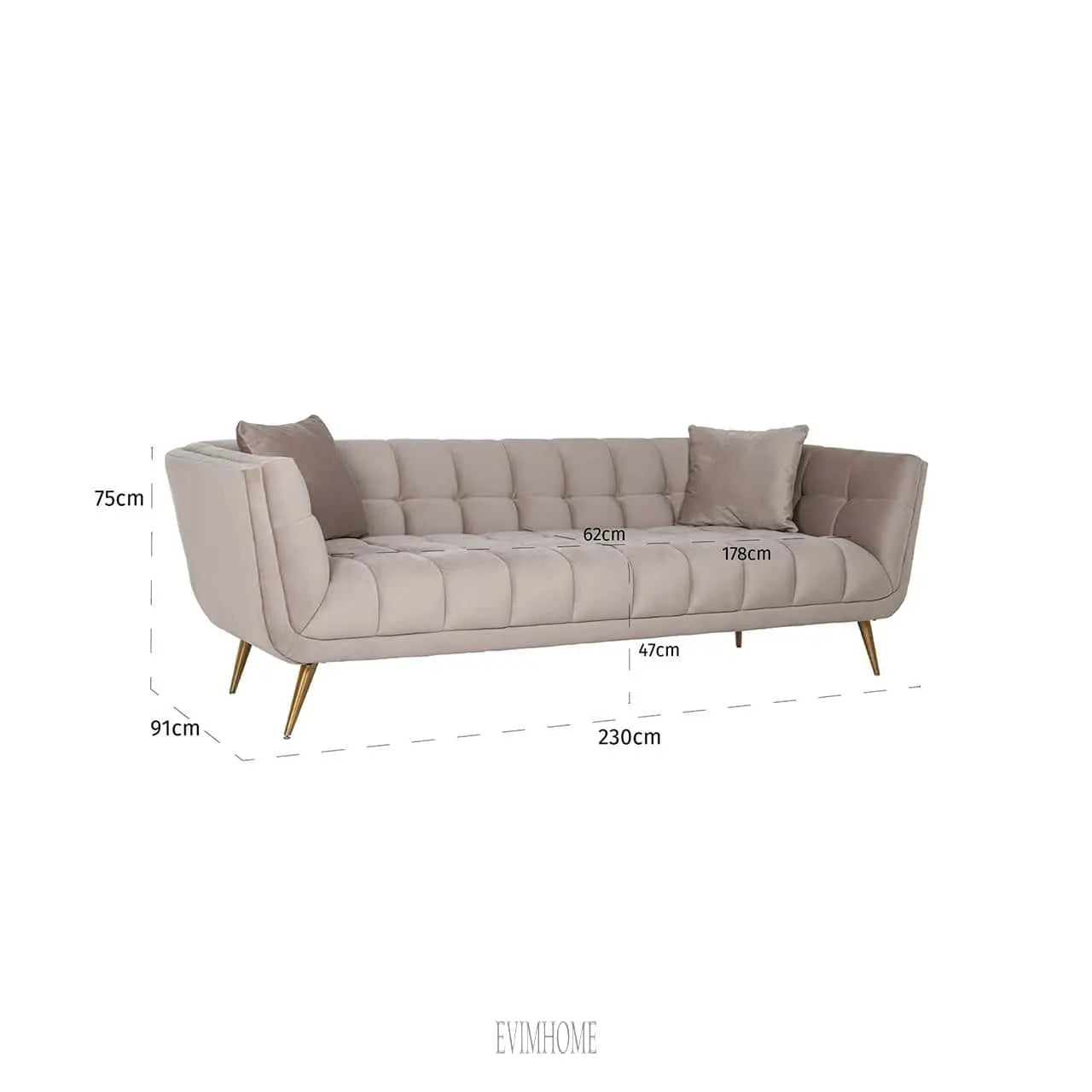 Sofa Huxley Khaki Samt / Gebürstetes Gold (Quartz Khaki 903) Evimhome