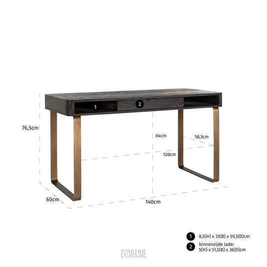 Schreibtisch Blackbone Messing 1 Schublade (Schwarz rustikal) Evimhome