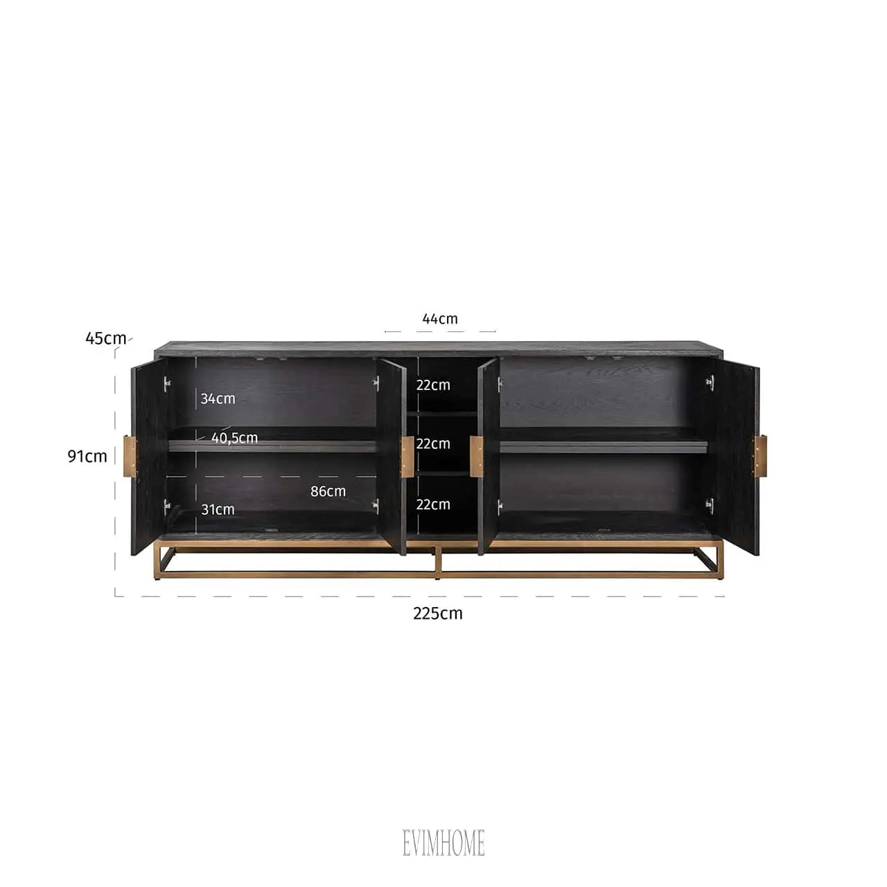 Sideboard Blackbone Messing 4-türig (Schwarz rustikal) Evimhome