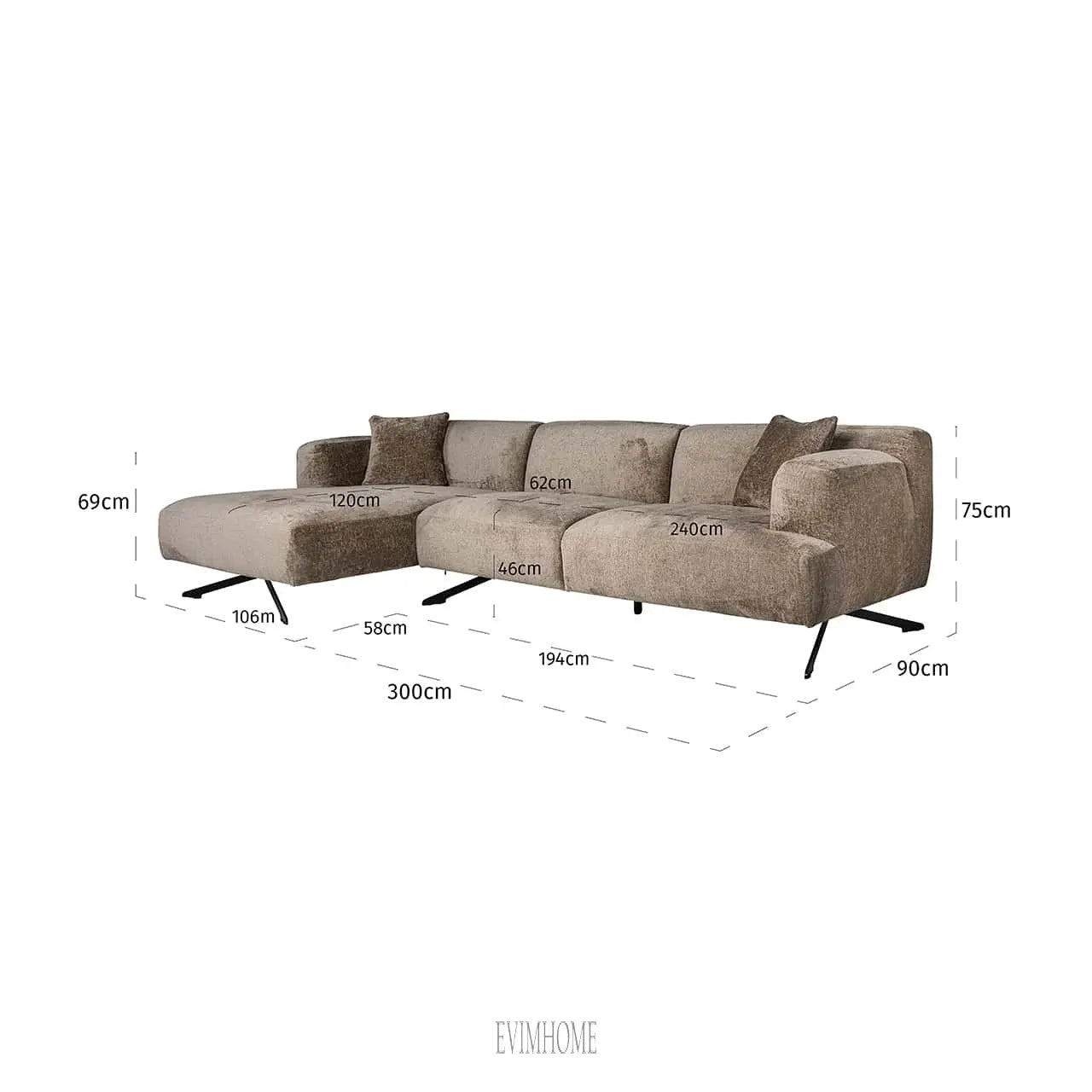 Sofa Donovan 3-Sitzer + Lounge links (Bergen 104 taupe chenille) Evimhome